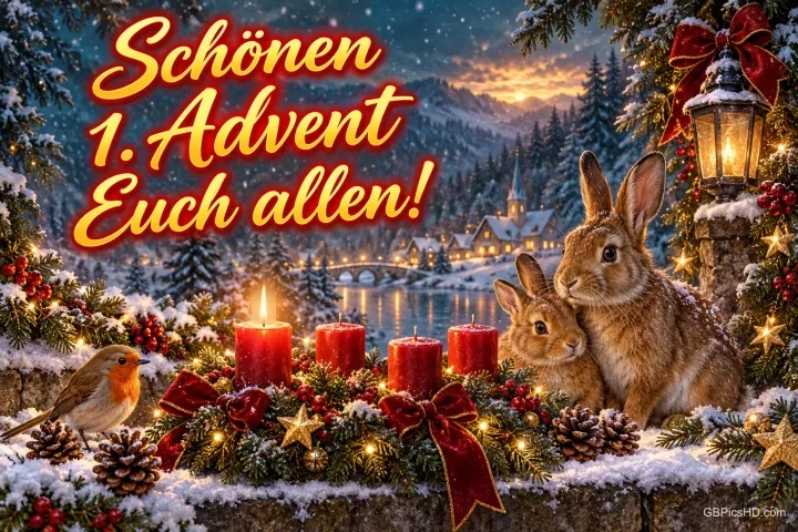 Zwei Hasen und ein Rotkehlchen an einem verschneiten Adventskranz mit vier roten Kerzen, eine davon brennt, vor einem Winterdorf am See, Gruß "Schönen 1. Advent Euch allen!" Zwei Hasen und ein Rotkehlchen an einem verschneiten Adventskranz mit vier roten Kerzen, eine davon brennt, vor einem Winterdorf am See, Gruß "Schönen 1. Advent Euch allen!"