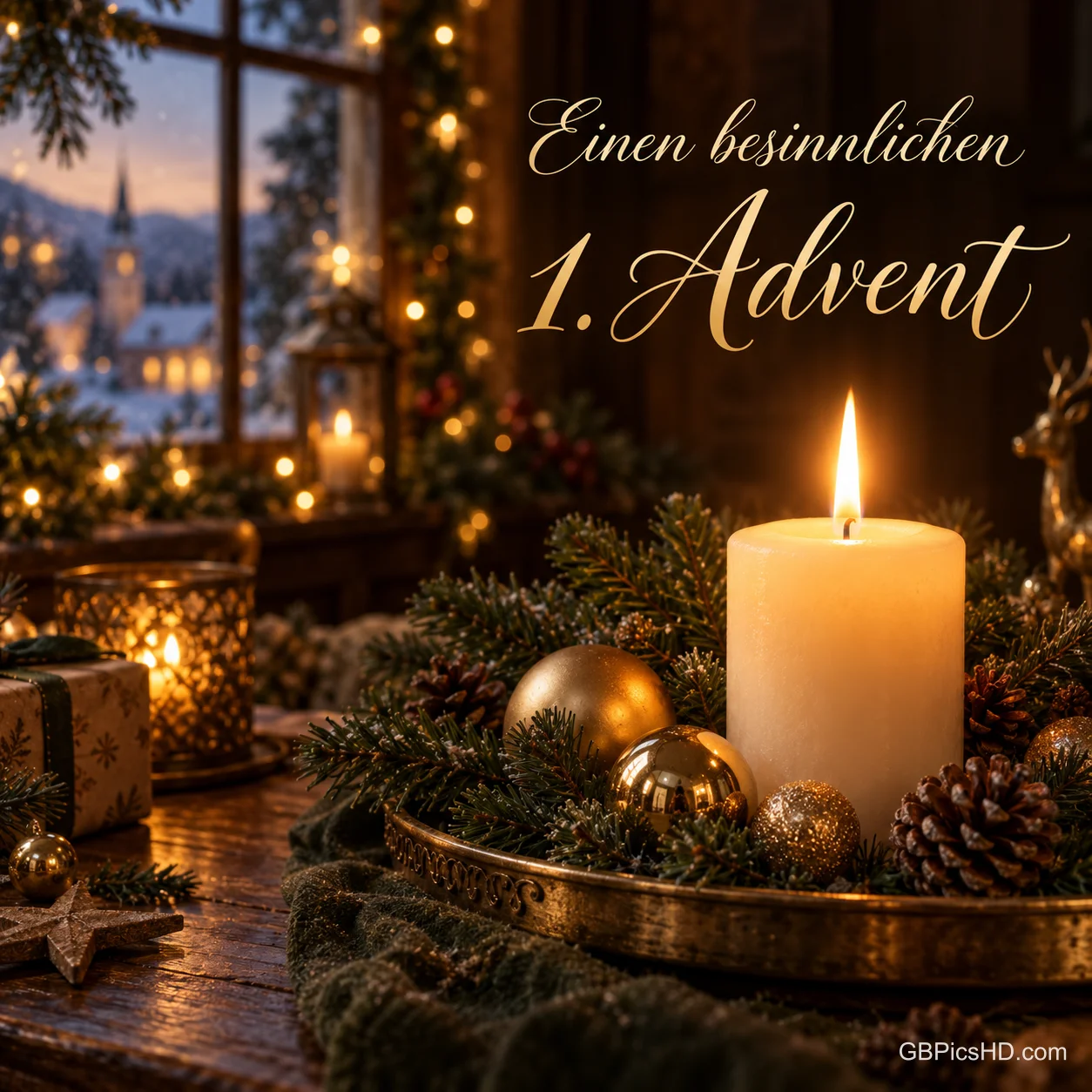 Eine brennende weiße Kerze in einer goldenen Schale mit Tannengrün, Zapfen und Kugeln vor einem Fenster mit verschneitem Dorf, Schrift "Einen besinnlichen 1. Advent" Eine brennende weiße Kerze in einer goldenen Schale mit Tannengrün, Zapfen und Kugeln vor einem Fenster mit verschneitem Dorf, Schrift "Einen besinnlichen 1. Advent"