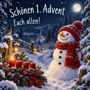 Ein Schneemann mit roter Strickmütze und Schal steht im verschneiten Wald bei Vollmond, daneben ein Adventskranz mit einer brennenden Kerze und dem Gruß "Schönen 1. Advent Euch allen!"