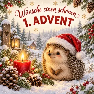 Ein kleiner Igel mit Weihnachtsmütze sitzt im Schnee neben einer brennenden roten Kerze, Tannenzapfen und Laterne, darüber der Gruß "Wünsche einen schönen 1. Advent"