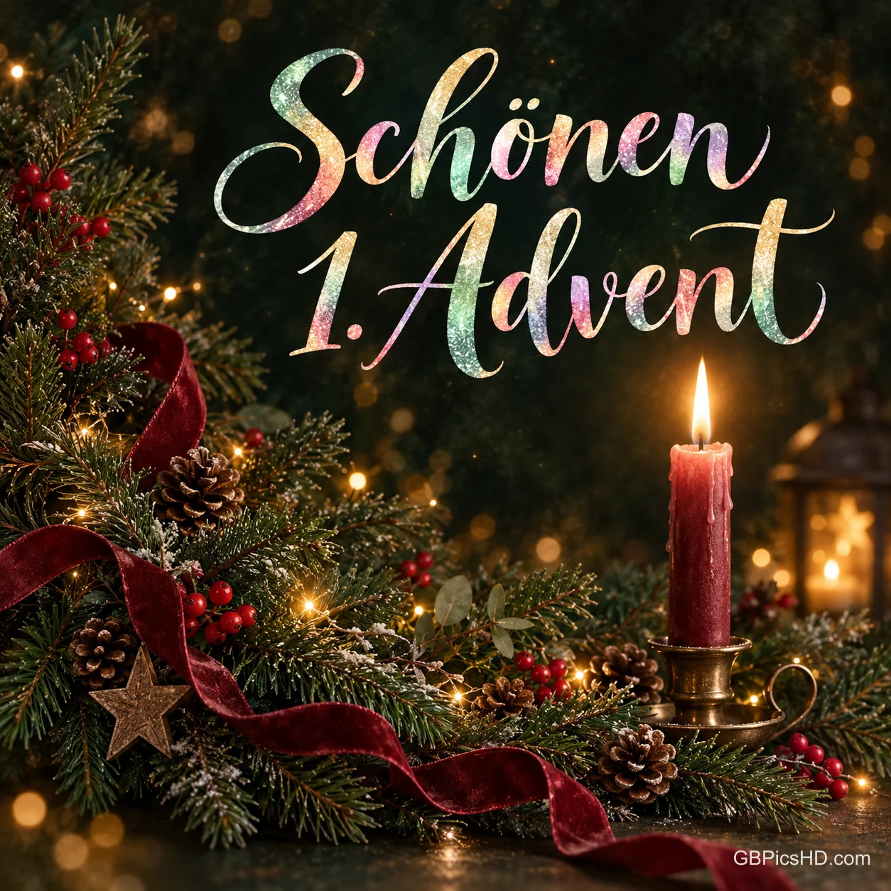 Schillernde Schreibschrift "Schönen 1. Advent" über dunklem Tannengrün mit roter Kerze im Leuchter, Samtband, Beeren und Tannenzapfen im warmen Lichterglanz Schillernde Schreibschrift "Schönen 1. Advent" über dunklem Tannengrün mit roter Kerze im Leuchter, Samtband, Beeren und Tannenzapfen im warmen Lichterglanz