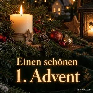 Eine brennende cremefarbene Stumpenkerze auf Tannenzweigen mit Holzstern, roten Kugeln und Laterne in gemütlichem Abendlicht, unten der Gruß "Einen schönen 1. Advent"