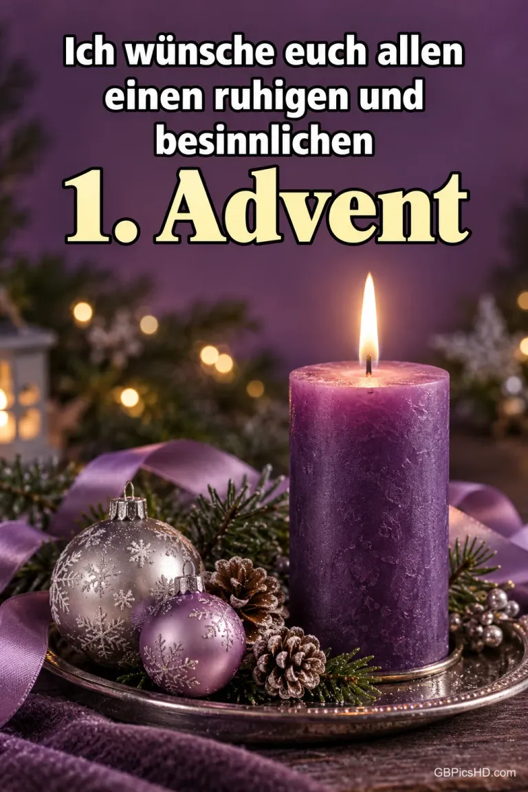 Eine brennende lila Kerze auf einem Silbertablett mit Christbaumkugeln, Tannenzapfen und violettem Band, darüber der Wunsch für einen ruhigen und besinnlichen 1. Advent