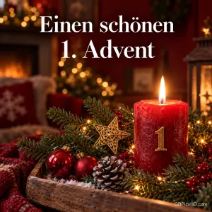 Rote Kerze mit goldener Zahl 1 in einer Holzschale mit Tannengrün, Stern, Kugeln und Beeren vor einem Kamin, Schrift "Einen schönen 1. Advent"
