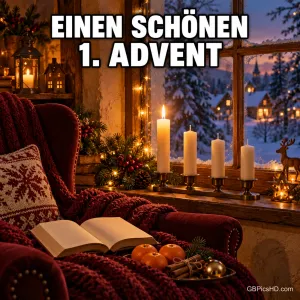 Vier helle Kerzen, davon eine brennend, stehen am verschneiten Fenster unter "EINEN SCHÖNEN 1. ADVENT".