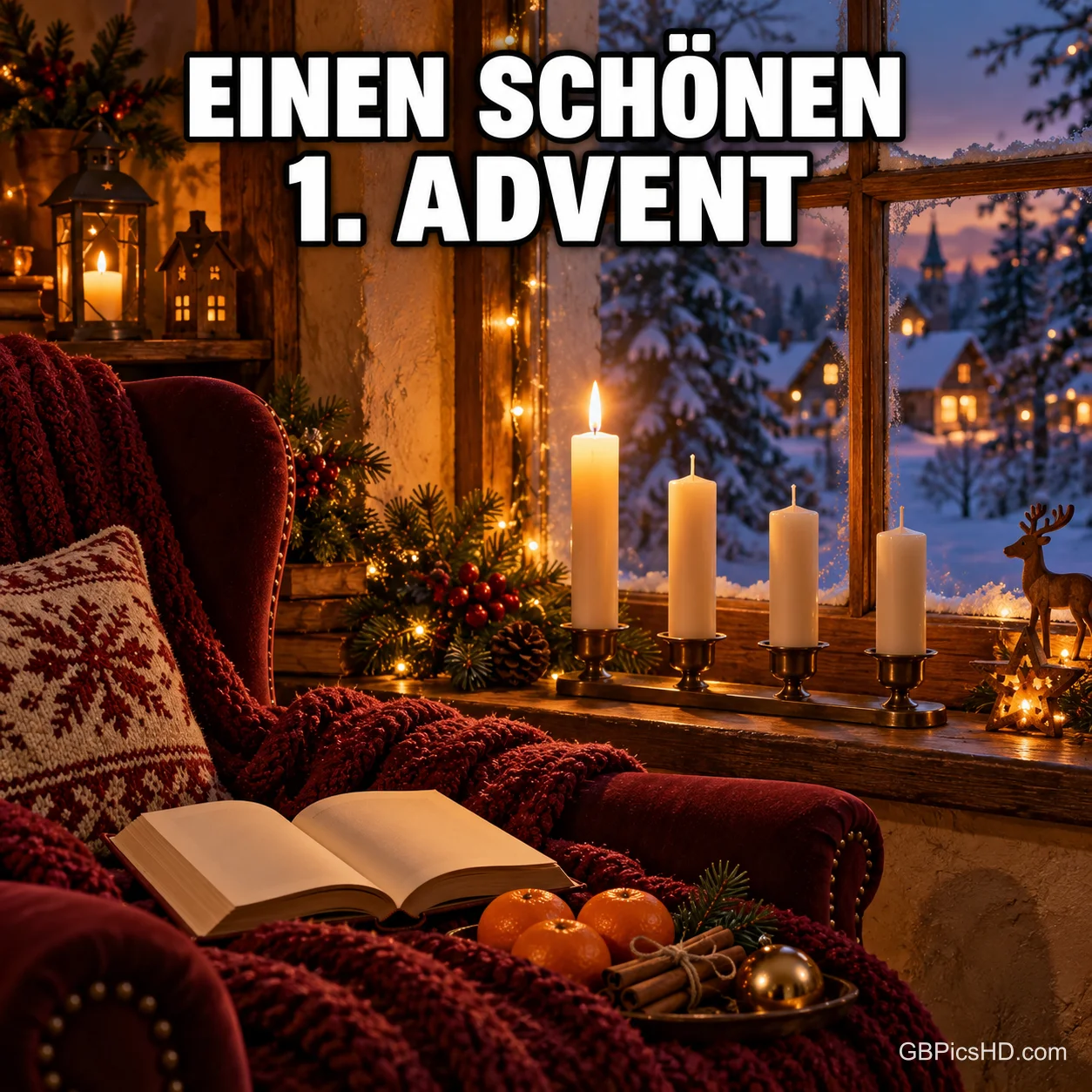 Vier helle Kerzen, davon eine brennend, stehen am verschneiten Fenster unter "EINEN SCHÖNEN 1. ADVENT". Vier helle Kerzen, davon eine brennend, stehen am verschneiten Fenster unter "EINEN SCHÖNEN 1. ADVENT".