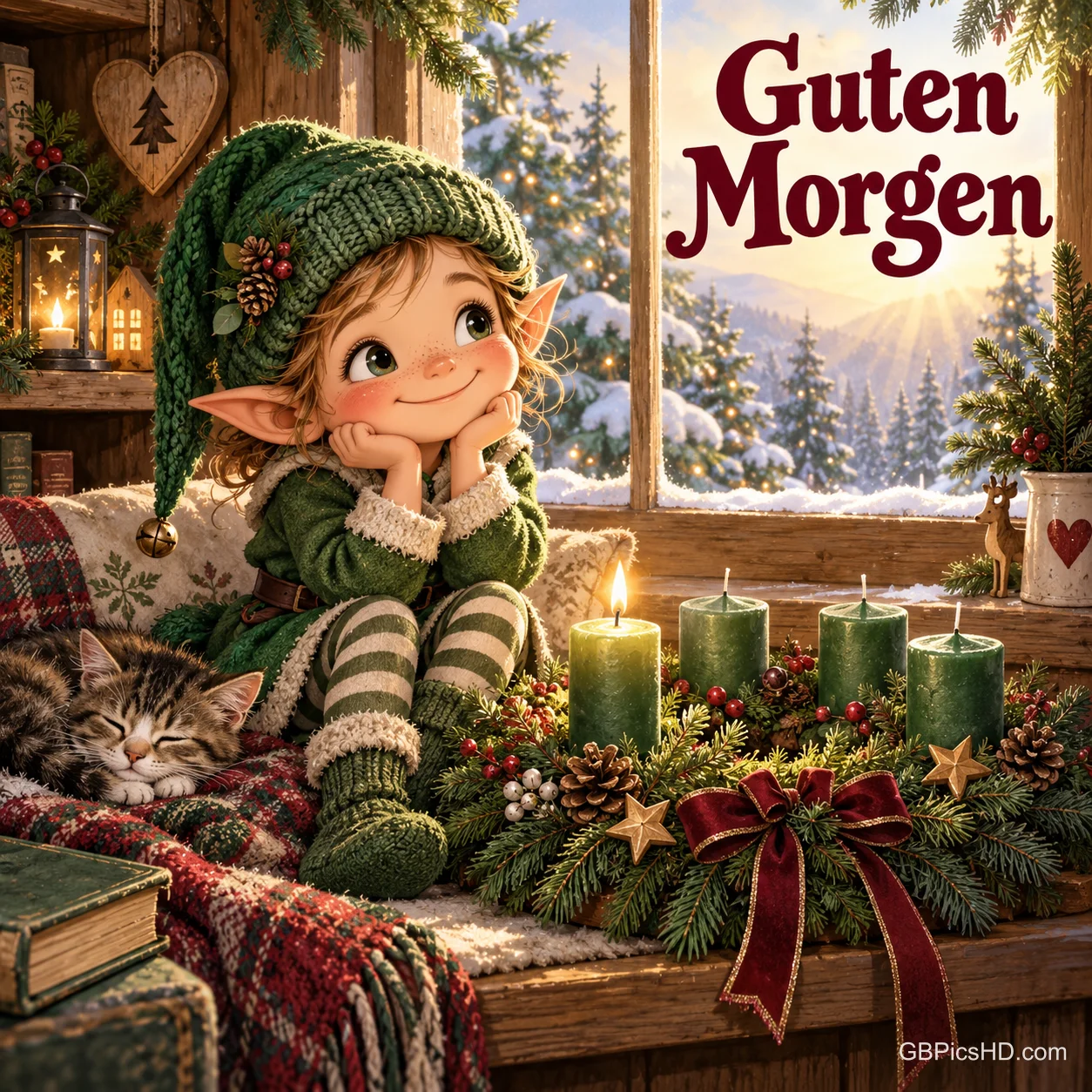 Ein fröhlicher Wichtel mit grüner Mütze sitzt am verschneiten Fenster neben einer schlafenden Katze und vier grünen Kerzen, von denen eine brennt, Schrift "Guten Morgen" Ein fröhlicher Wichtel mit grüner Mütze sitzt am verschneiten Fenster neben einer schlafenden Katze und vier grünen Kerzen, von denen eine brennt, Schrift "Guten Morgen"