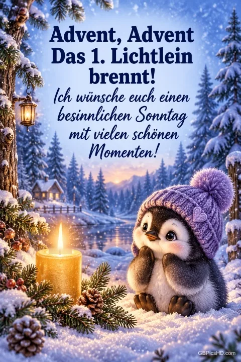 Ein Pinguin mit lila Bommelmütze sitzt im verschneiten Wald neben einer brennenden Kerze, darüber der Vers "Advent, Advent, das 1. Lichtlein brennt!" mit Sonntagsgruß Ein Pinguin mit lila Bommelmütze sitzt im verschneiten Wald neben einer brennenden Kerze, darüber der Vers "Advent, Advent, das 1. Lichtlein brennt!" mit Sonntagsgruß