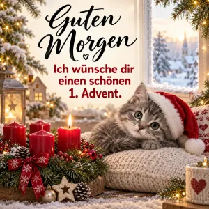 Graues Kätzchen mit Weihnachtsmütze liegt auf einem Strickkissen am Fenster neben einem Adventskranz mit vier roten Kerzen, eine brennt, dazu ein Morgengruß zum 1. Advent
