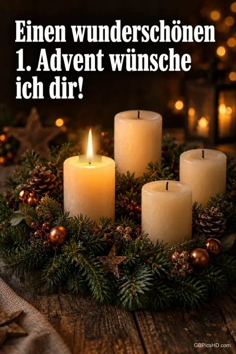 Adventskranz mit vier cremefarbenen Kerzen, Tannengrün, Zapfen und Kupferkugeln auf einem Holztisch, eine Kerze brennt, darüber "Einen wunderschönen 1. Advent wünsche ich dir!" Adventskranz mit vier cremefarbenen Kerzen, Tannengrün, Zapfen und Kupferkugeln auf einem Holztisch, eine Kerze brennt, darüber "Einen wunderschönen 1. Advent wünsche ich dir!"