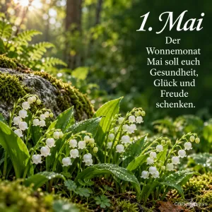 Sonniger Waldboden mit blühenden Maiglöckchen, Moos und Farnen, dazu der Gruß zum 1. Mai mit Wünschen für Gesundheit, Glück und Freude im Wonnemonat.