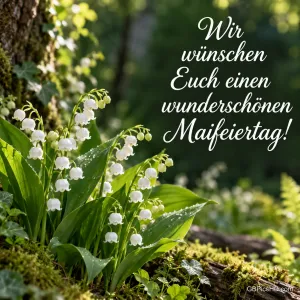 Maiglöckchen zwischen bemoosten Steinen im Waldlicht, daneben in weißer Schreibschrift der Wunsch für einen wunderschönen Maifeiertag.