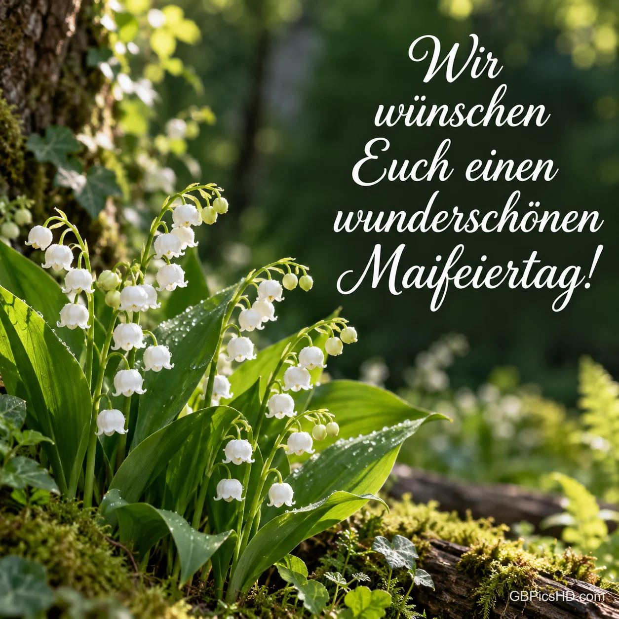 Maiglöckchen zwischen bemoosten Steinen im Waldlicht, daneben in weißer Schreibschrift der Wunsch für einen wunderschönen Maifeiertag. Maiglöckchen zwischen bemoosten Steinen im Waldlicht, daneben in weißer Schreibschrift der Wunsch für einen wunderschönen Maifeiertag.