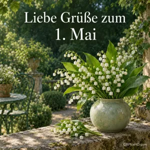 Bauchige Keramikvase mit einem üppigen Maiglöckchenstrauß auf einer Steinmauer in einem schattigen Garten, darüber liebe Grüße zum 1. Mai.