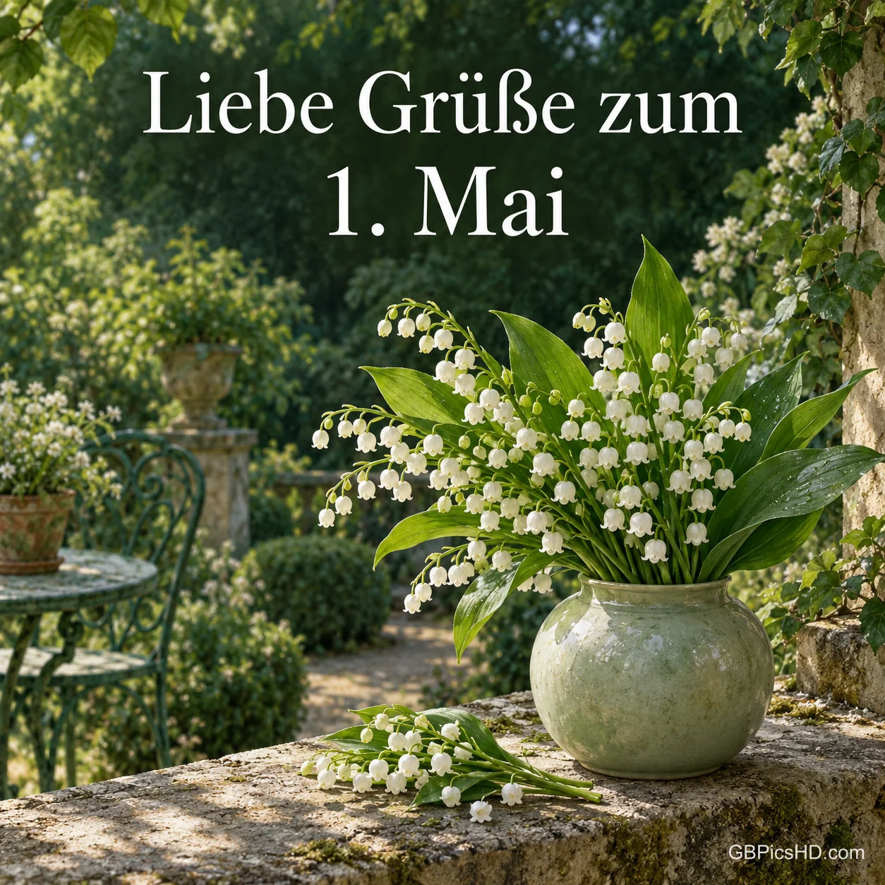 Bauchige Keramikvase mit einem üppigen Maiglöckchenstrauß auf einer Steinmauer in einem schattigen Garten, darüber liebe Grüße zum 1. Mai. Bauchige Keramikvase mit einem üppigen Maiglöckchenstrauß auf einer Steinmauer in einem schattigen Garten, darüber liebe Grüße zum 1. Mai.