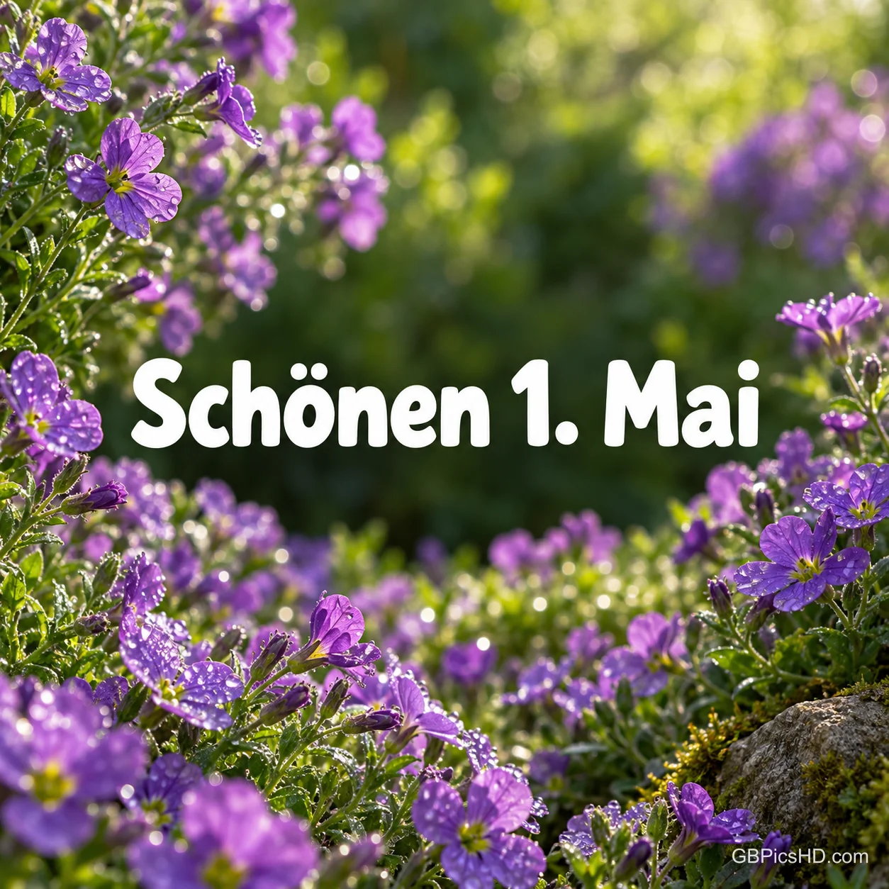 Leuchtend lila Blüten wachsen dicht an einer sonnigen Steinmauer, in der Bildmitte steht in weißer Schrift der Gruß Schönen 1. Mai. Leuchtend lila Blüten wachsen dicht an einer sonnigen Steinmauer, in der Bildmitte steht in weißer Schrift der Gruß Schönen 1. Mai.