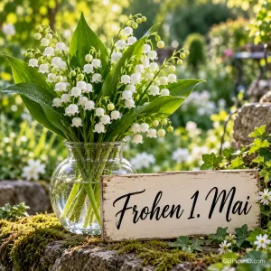 Glasvase mit Maiglöckchen auf einem moosigen Stein im Garten, daneben ein Holzschild mit der handgeschriebenen Aufschrift Frohen 1. Mai.
