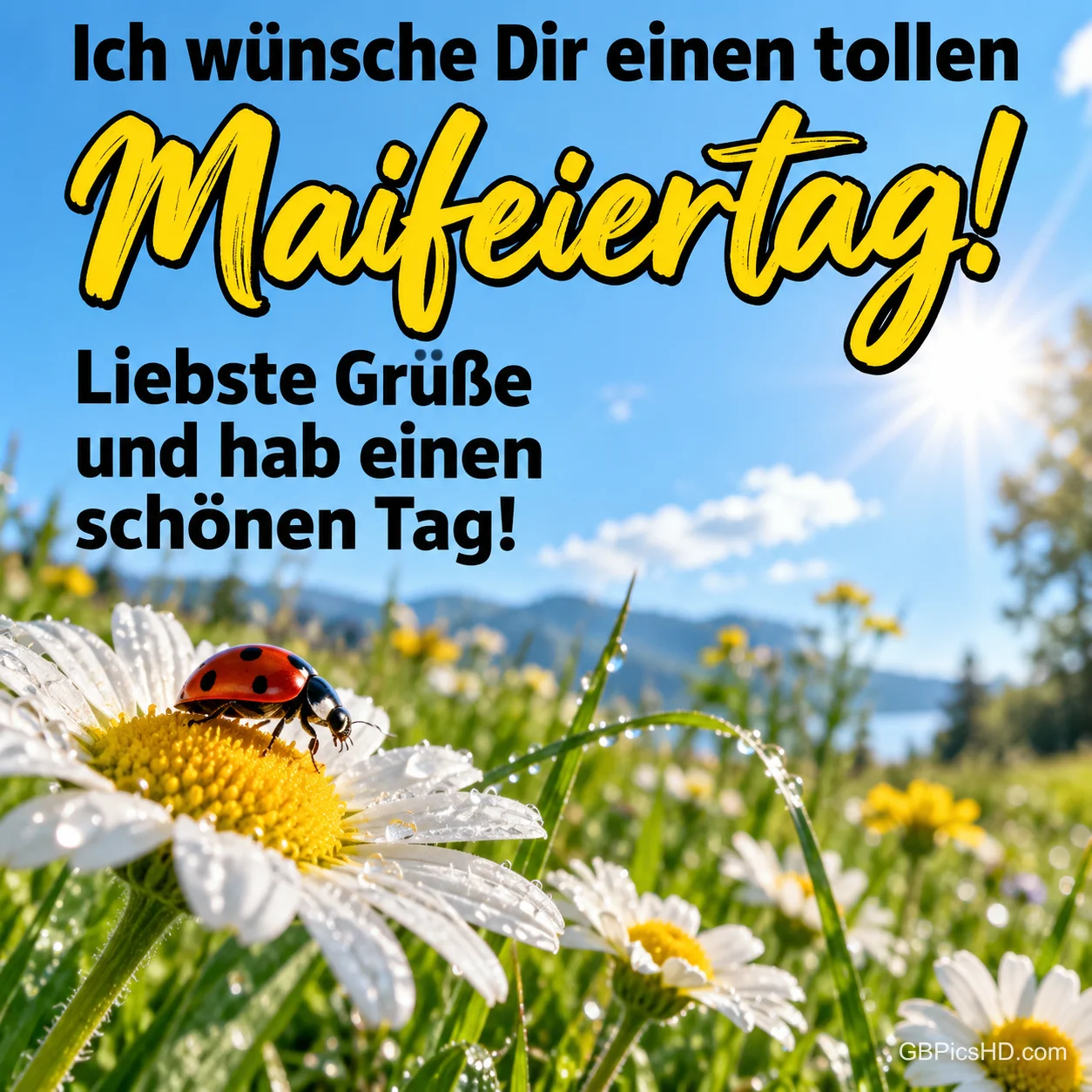 Marienkäfer auf einem Gänseblümchen in einer sonnigen Frühlingswiese mit Bergen und See, oben Wünsche für einen tollen Maifeiertag und liebste Grüße. Marienkäfer auf einem Gänseblümchen in einer sonnigen Frühlingswiese mit Bergen und See, oben Wünsche für einen tollen Maifeiertag und liebste Grüße.