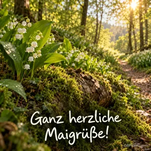 Sonniger Waldweg mit Maiglöckchen, Moos und Tautropfen im Morgenlicht, unten in geschwungener weißer Schrift ganz herzliche Maigrüße.