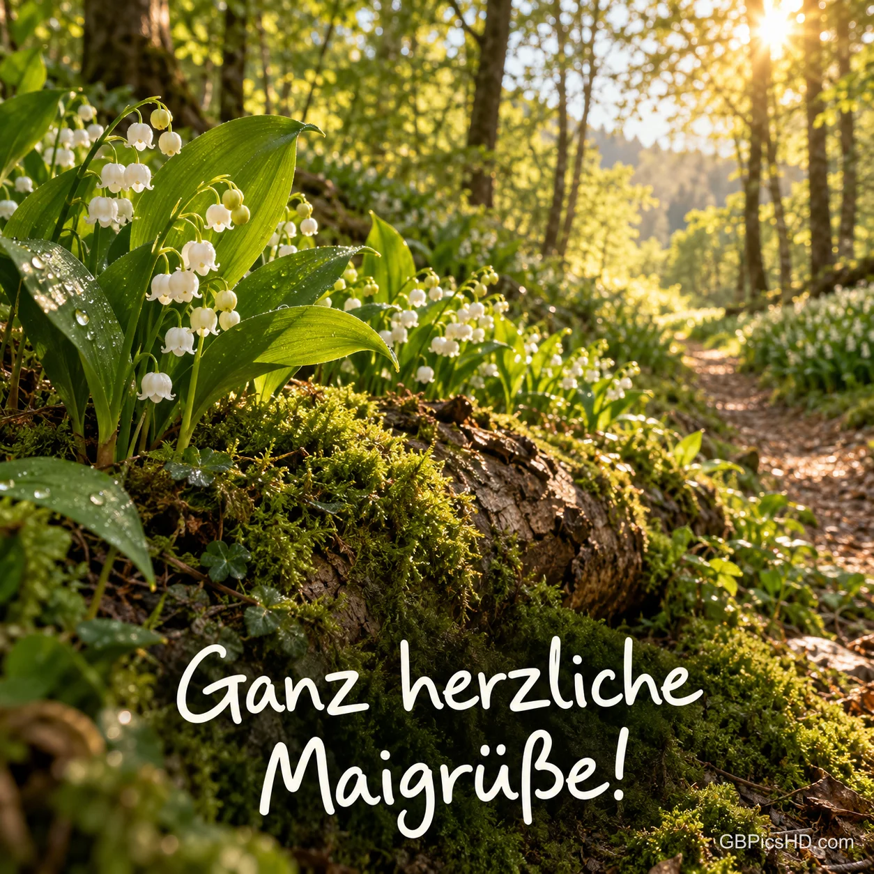 Sonniger Waldweg mit Maiglöckchen, Moos und Tautropfen im Morgenlicht, unten in geschwungener weißer Schrift ganz herzliche Maigrüße. Sonniger Waldweg mit Maiglöckchen, Moos und Tautropfen im Morgenlicht, unten in geschwungener weißer Schrift ganz herzliche Maigrüße.