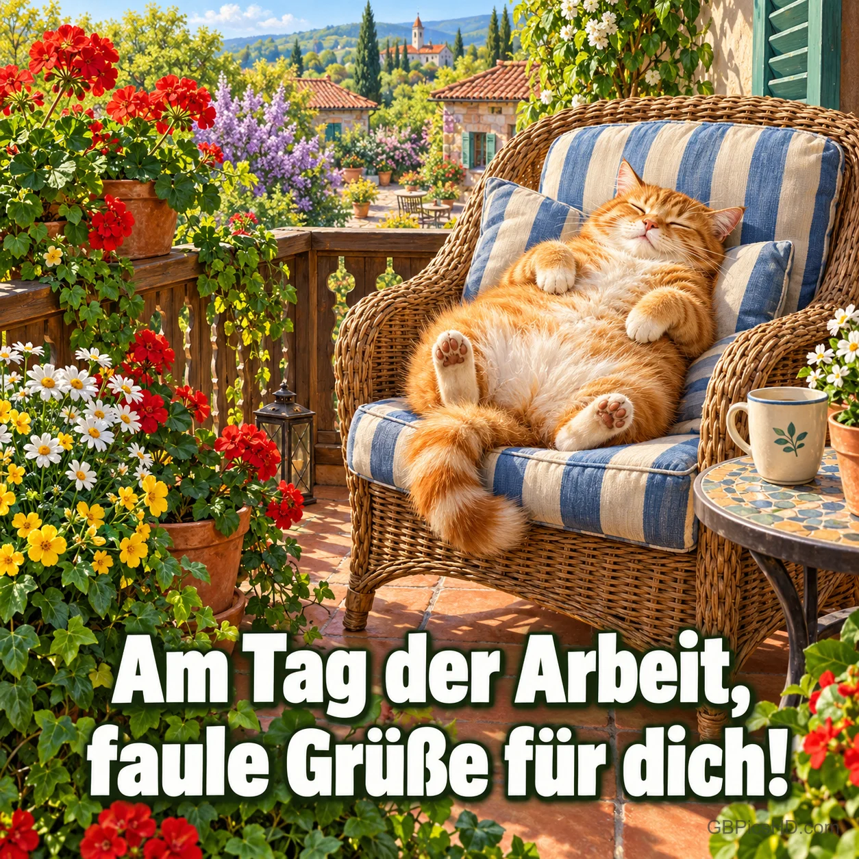 Eine Katze liegt auf dem Rücken in einem Korbsessel auf einer Blumenterrasse über "Am Tag der Arbeit, faule Grüße für dich!". Eine Katze liegt auf dem Rücken in einem Korbsessel auf einer Blumenterrasse über "Am Tag der Arbeit, faule Grüße für dich!".
