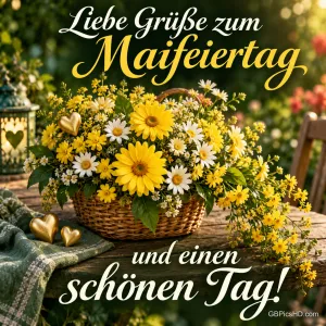 Weidenkorb voller gelber und weißer Blumen auf einem Gartentisch mit goldenen Herzen, umrahmt von lieben Grüßen zum Maifeiertag und einem schönen Tag.