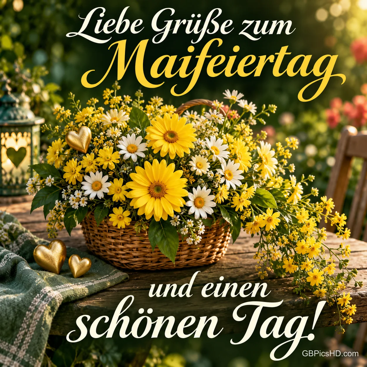 Weidenkorb voller gelber und weißer Blumen auf einem Gartentisch mit goldenen Herzen, umrahmt von lieben Grüßen zum Maifeiertag und einem schönen Tag. Weidenkorb voller gelber und weißer Blumen auf einem Gartentisch mit goldenen Herzen, umrahmt von lieben Grüßen zum Maifeiertag und einem schönen Tag.
