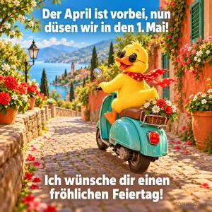 Fröhliche Ente mit Sonnenbrille und Halstuch fährt auf einem Motorroller durch eine blumengeschmückte Gasse am Meer, dazu Wünsche für einen fröhlichen Feiertag.
