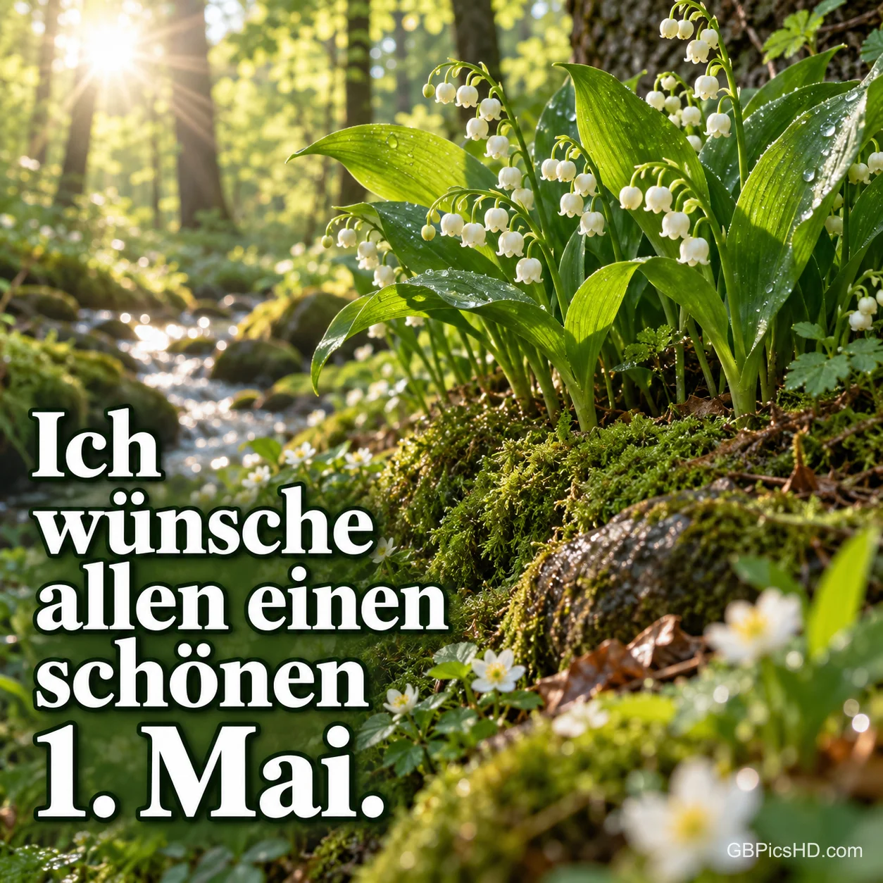 Maiglöckchen an einem plätschernden Waldbach mit Moos und Sonnenstrahlen, links in kräftiger weißer Schrift der Wunsch an alle für einen schönen 1. Mai. Maiglöckchen an einem plätschernden Waldbach mit Moos und Sonnenstrahlen, links in kräftiger weißer Schrift der Wunsch an alle für einen schönen 1. Mai.