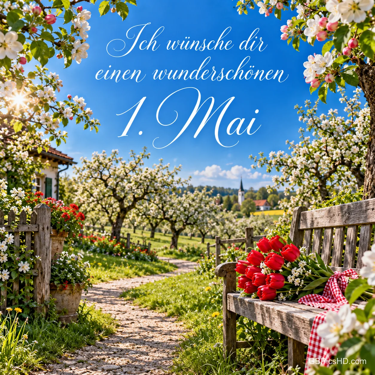Sonniger Obstgarten mit blühenden Apfelbäumen, Gartenweg und Holzbank mit roten Tulpen, darüber der Gruß "Ich wünsche dir einen wunderschönen 1. Mai" in Schreibschrift Sonniger Obstgarten mit blühenden Apfelbäumen, Gartenweg und Holzbank mit roten Tulpen, darüber der Gruß "Ich wünsche dir einen wunderschönen 1. Mai" in Schreibschrift
