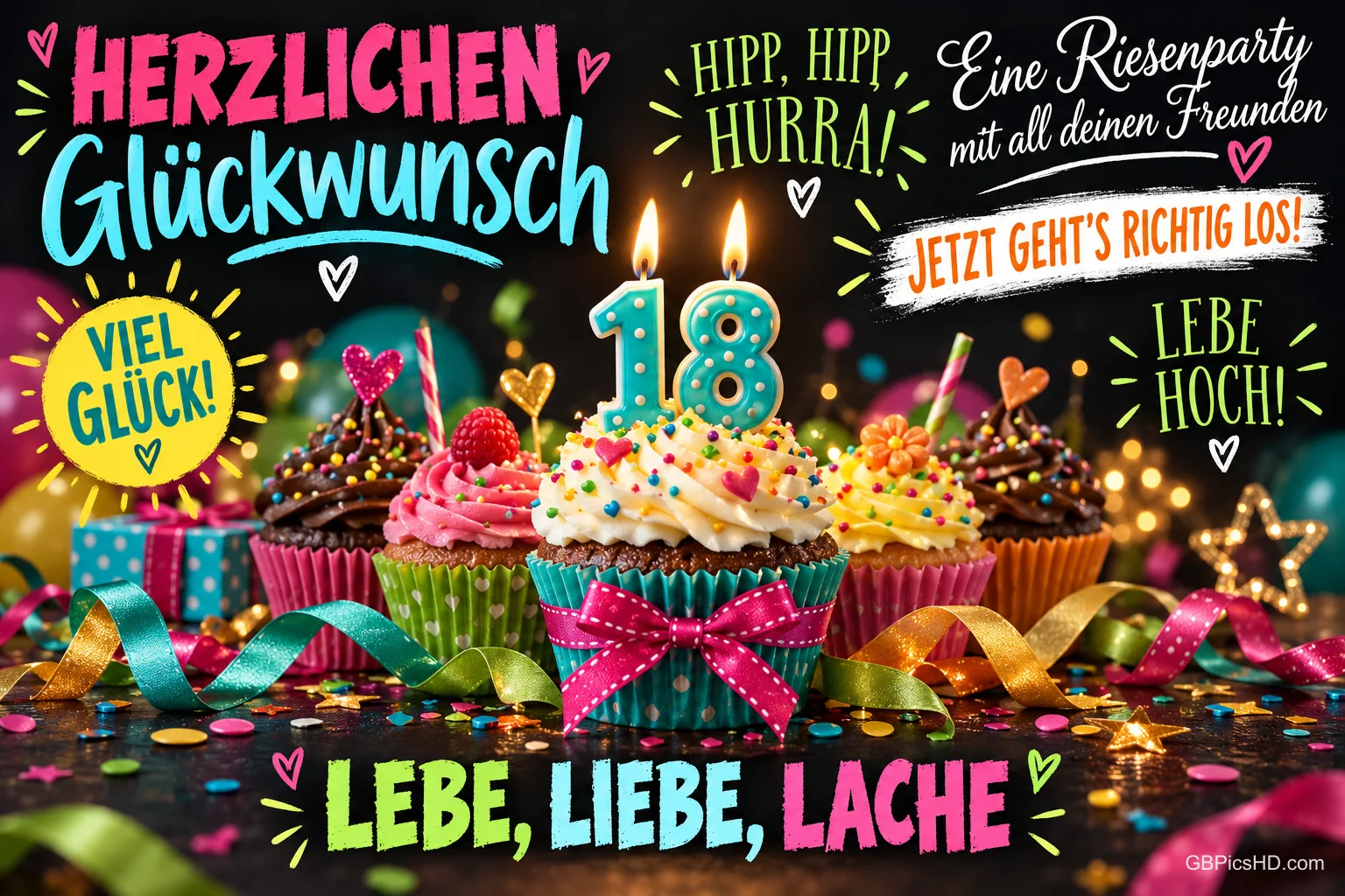 Bunte Cupcakes mit brennenden 18-Kerzen stehen zwischen Schleifen und Konfetti unter "HERZLICHEN GLÜCKWUNSCH". Bunte Cupcakes mit brennenden 18-Kerzen stehen zwischen Schleifen und Konfetti unter "HERZLICHEN GLÜCKWUNSCH".