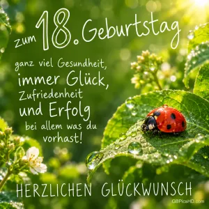 Ein Marienkäfer sitzt auf einem grünen Blatt mit Tautropfen neben dem Wunsch "zum 18. Geburtstag".
