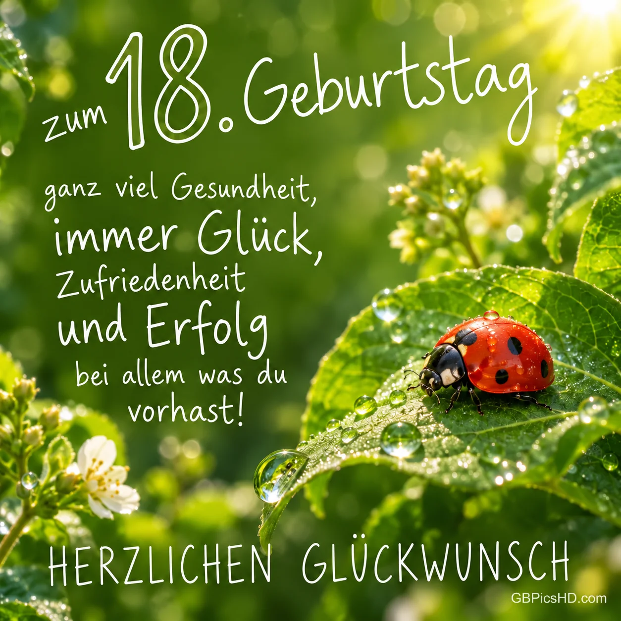 Ein Marienkäfer sitzt auf einem grünen Blatt mit Tautropfen neben dem Wunsch "zum 18. Geburtstag".