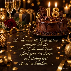 Eine Schokoladentorte mit goldenen 18-Kerzen, Sektgläsern und einer Rose begleitet "Zu deinem 18. Geburtstag".