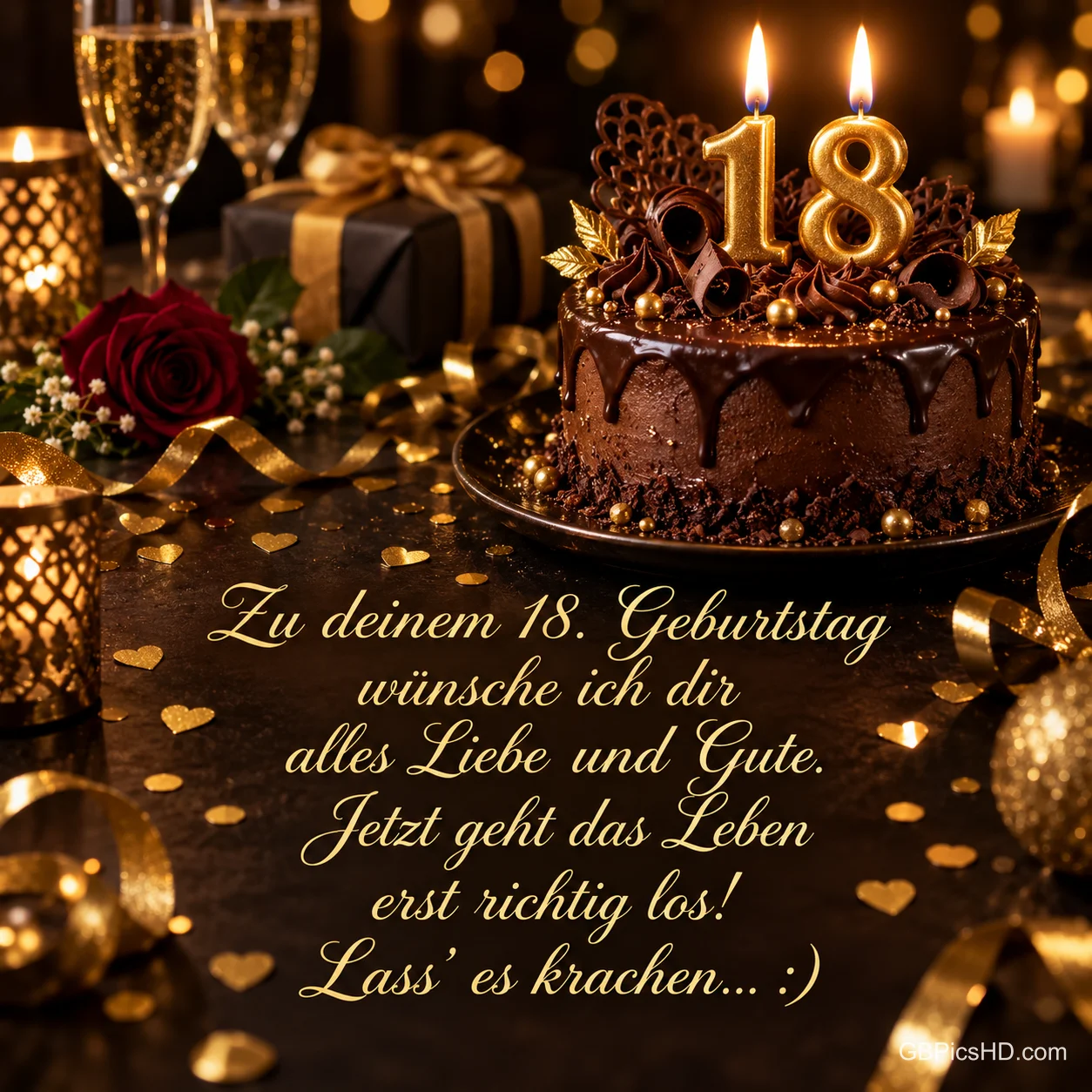 Eine Schokoladentorte mit goldenen 18-Kerzen, Sektgläsern und einer Rose begleitet "Zu deinem 18. Geburtstag". Eine Schokoladentorte mit goldenen 18-Kerzen, Sektgläsern und einer Rose begleitet "Zu deinem 18. Geburtstag".