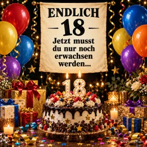 Über einer Torte mit 18-Kerzen hängt zwischen Ballons "ENDLICH 18 Jetzt musst du nur noch erwachsen werden...".