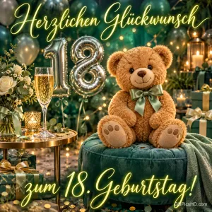 Ein Teddybär mit grüner Schleife sitzt neben silbernen 18-Ballons unter "Herzlichen Glückwunsch zum 18. Geburtstag!".