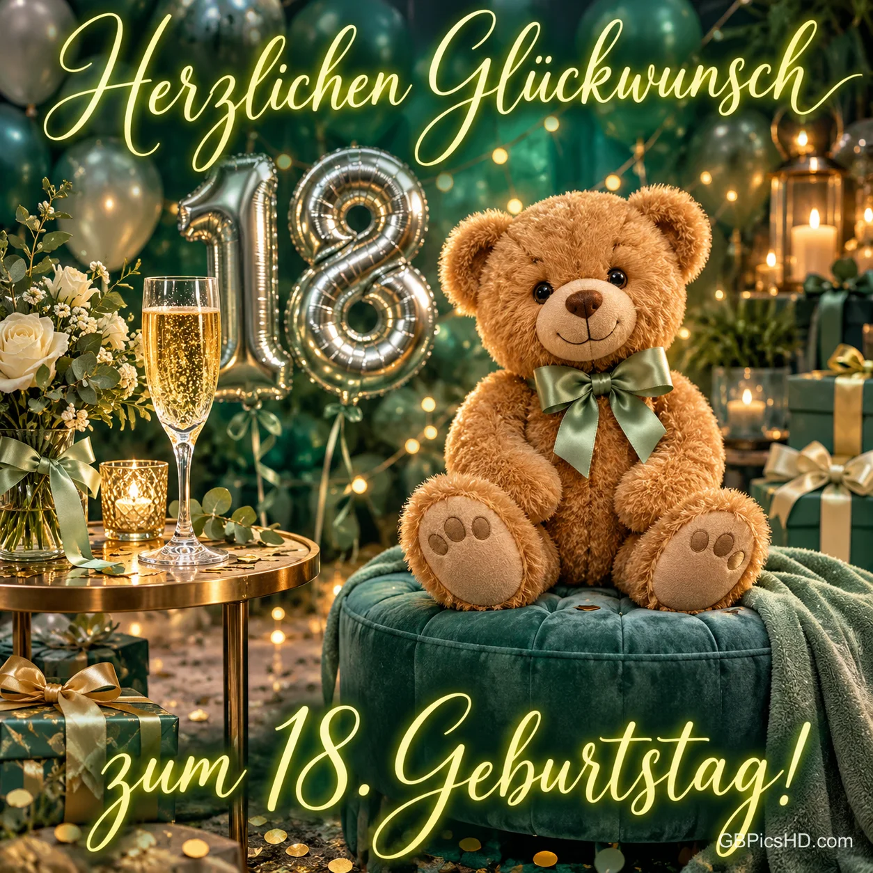 Ein Teddybär mit grüner Schleife sitzt neben silbernen 18-Ballons unter "Herzlichen Glückwunsch zum 18. Geburtstag!".