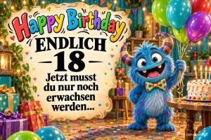Ein blaues Monster hält bunte Luftballons neben einer Torte und dem Spruch "ENDLICH 18".
