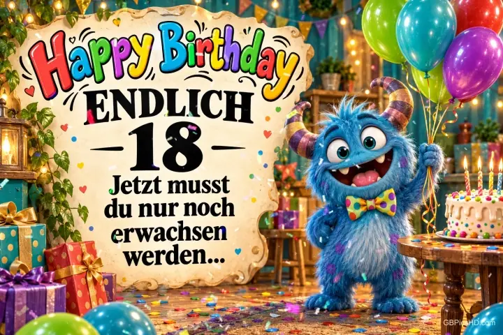 Ein blaues Monster hält bunte Luftballons neben einer Torte und dem Spruch "ENDLICH 18".