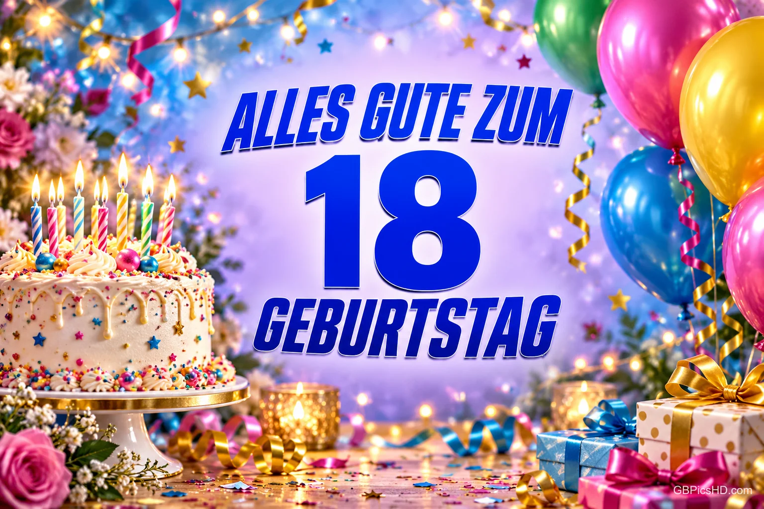 Eine Geburtstagstorte, bunte Ballons und Geschenke umrahmen "ALLES GUTE ZUM 18 GEBURTSTAG".