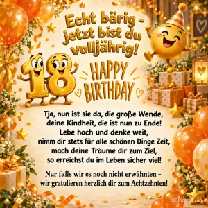 Goldene Zahlenfiguren, ein lachender Ballon und Geschenke umrahmen "Echt bärig - jetzt bist du volljährig!".