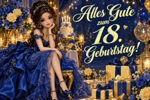 Eine junge Frau im blauen Festkleid sitzt zwischen Blumen und Geschenken neben "Alles Gute zum 18. Geburtstag!".