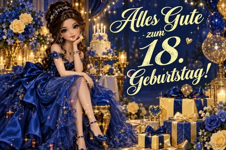 Eine junge Frau im blauen Festkleid sitzt zwischen Blumen und Geschenken neben "Alles Gute zum 18. Geburtstag!".