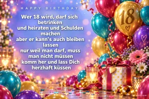 Bunte Ballons, eine goldene 18 und ein Geschenk begleiten den Spruch "Wer 18 wird, darf sich betrinken".