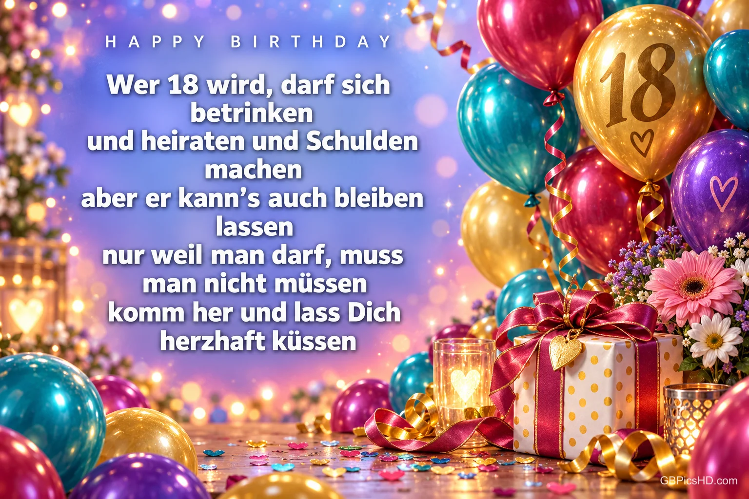 Bunte Ballons, eine goldene 18 und ein Geschenk begleiten den Spruch "Wer 18 wird, darf sich betrinken".