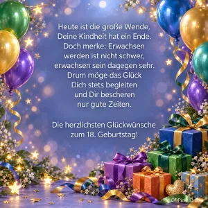 Bunte Ballons, leuchtende Sterne und Geschenke umrahmen den Wunsch "Die herzlichsten Glückwünsche zum 18. Geburtstag!".