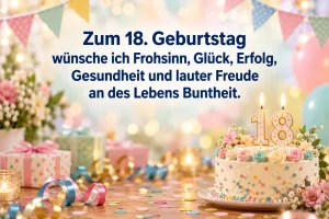 Eine Torte mit 18-Kerzen steht unter "Zum 18. Geburtstag wünsche ich Frohsinn, Glück, Erfolg, Gesundheit und lauter Freude an des Lebens Buntheit.".