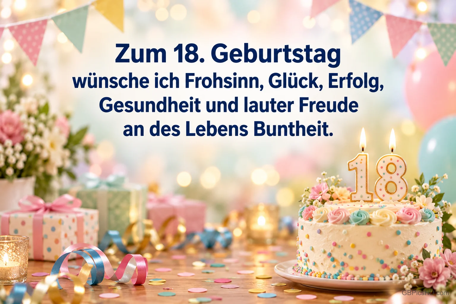 Eine Torte mit 18-Kerzen steht unter "Zum 18. Geburtstag wünsche ich Frohsinn, Glück, Erfolg, Gesundheit und lauter Freude an des Lebens Buntheit.".