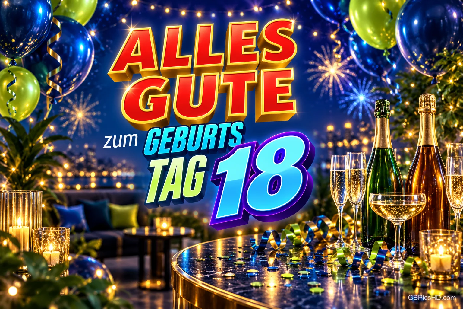 Vor einem Feuerwerk stehen Sektflaschen und Gläser neben dem bunten Schriftzug "ALLES GUTE zum GEBURTSTAG 18".